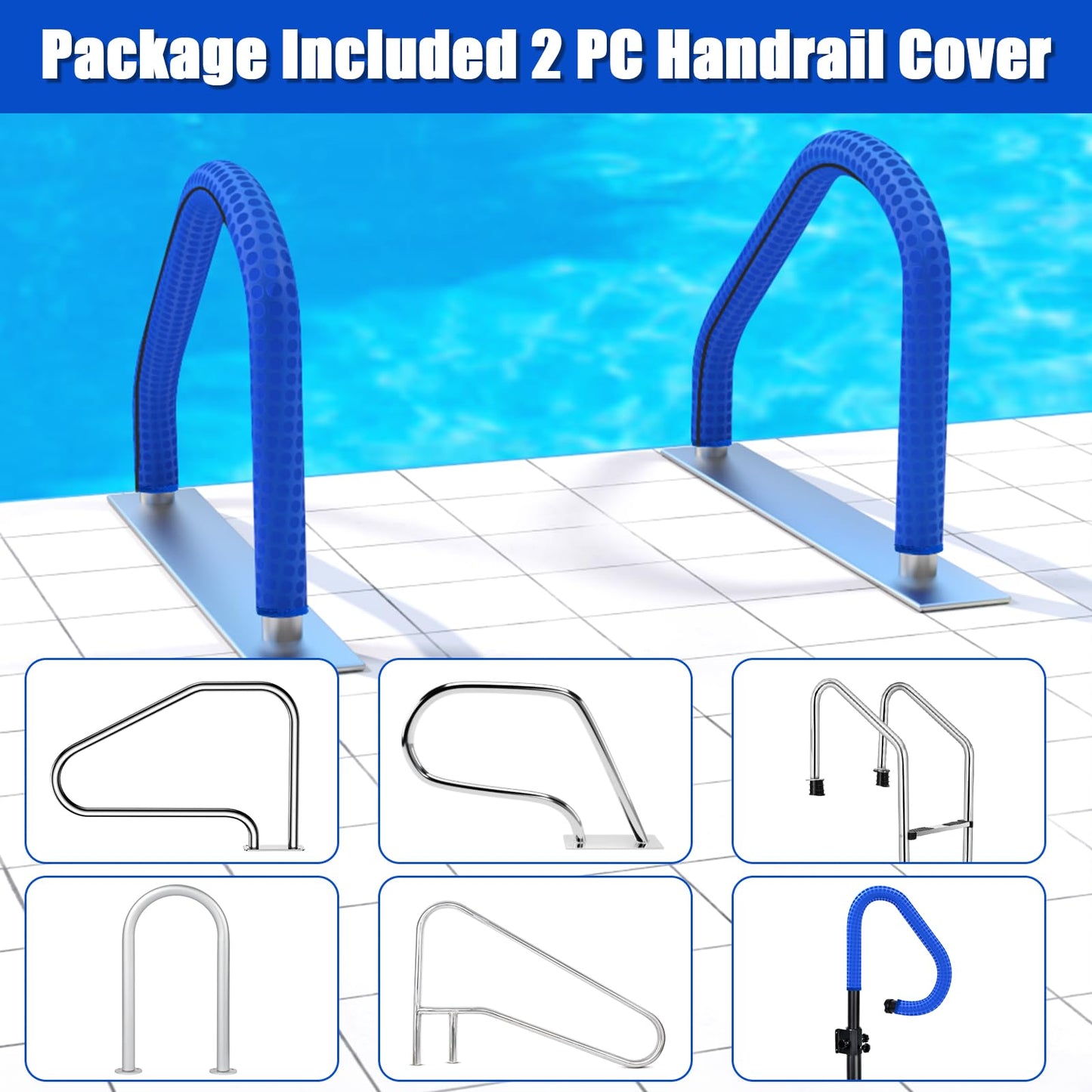 Pool Handrail Covers with Zippers 4 6 8 10 Ft Inground Swimming Pools Hand Rail Cover, Anti-Slip Cool Touch Heat Resistant, Blue, Non Slip Swim Pool Railing Ladder Stair Handle Grip (4 Feet 2 Pcs)