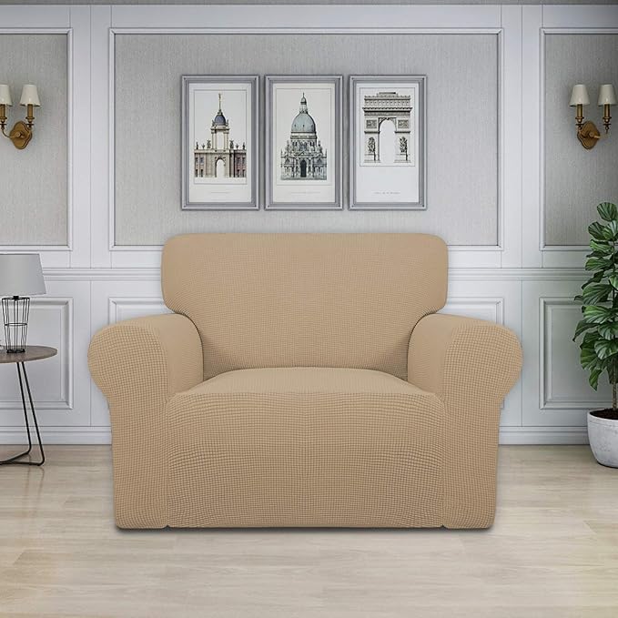 Easy-Going Stretch Oversized Chair Sofa Slipcover 1-Piece Couch Sofa Cover Furniture Protector Soft with Elastic Bottom for Kids Spandex Jacquard Fabric Small Checks Sand