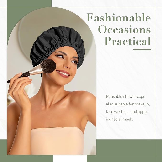 Reusable Shower Cap for Women, Large Waterproof Shower Bonnet Washable Elastic Band Bath Accessories Hair Hat for Long Hair, Braids(Black)