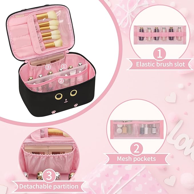 OCHEAL Makeup Bag,Travel Makeup Organizer Bag, Cute Cosmetic Bags for Women Girls Travel Toiletry Bag Traveling With Brush Slot And Divider-Cat
