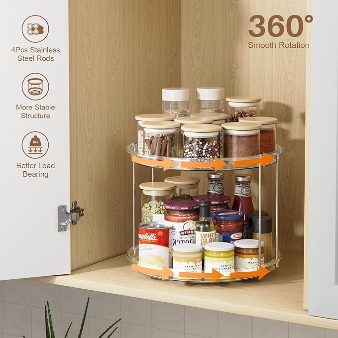 LAMU 12in 2 Tier Lazy Susan Organizer Large Lazy Susan Turntable Rotating Spice Rack Organization for Cabinet, Kitchen, Pantry, Countertop, Bathroom, Vanity, Medicine Cabinet Organizer, Clear