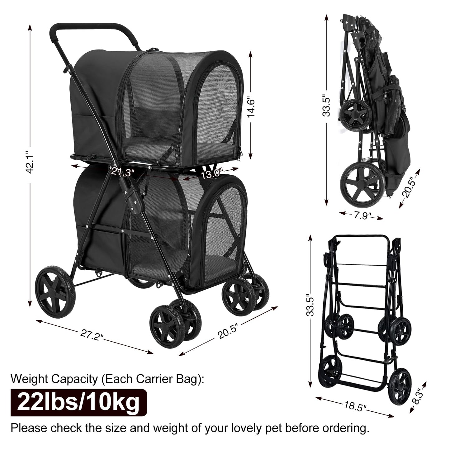 LPOTIUS Double Pet Stroller for Dogs and Cats with 2 Detachable Carrier, Quick-Folding Dog Stroller for Medium Small Dogs Cats, 4 Wheels, Black