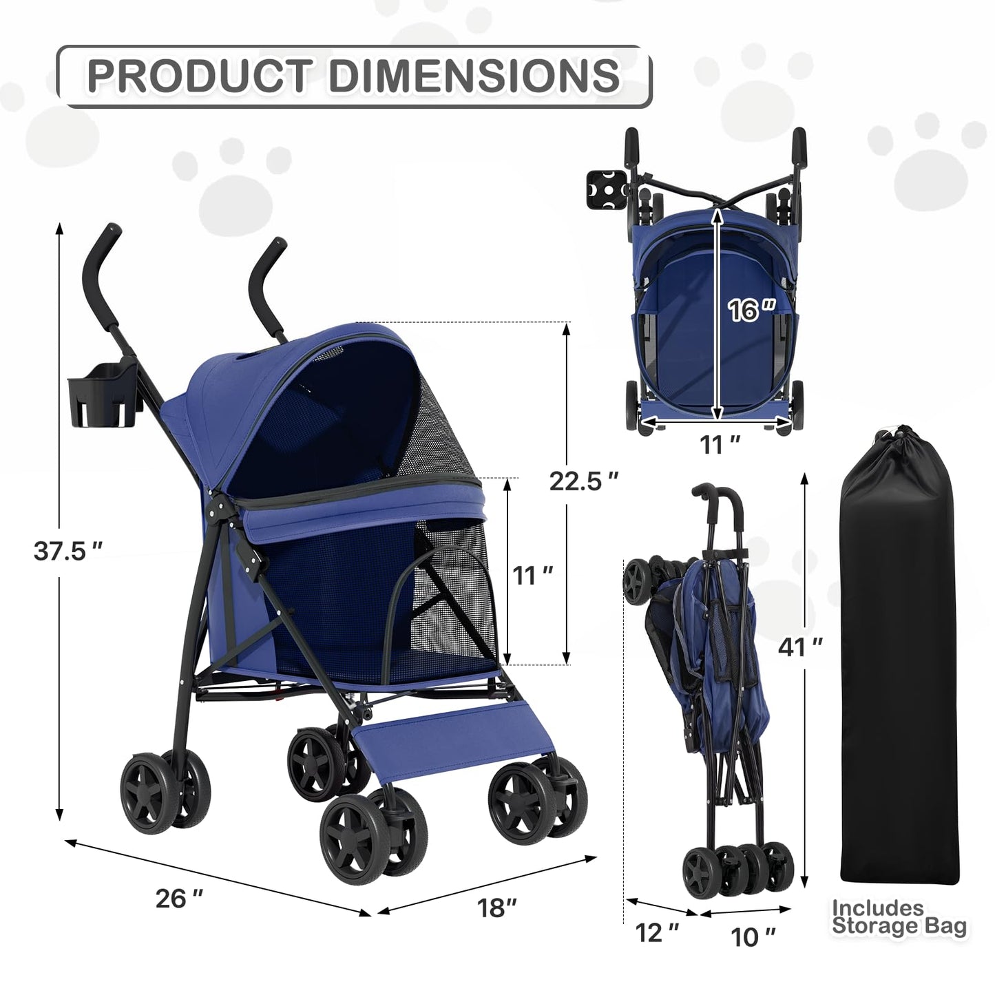 MoNiBloom 4 Wheels Pet Stroller, Easy-Fold Puppy Cage Jogger Stroller with Sun Cover, Pad and Rear Storage Bag, Breathable and Visible Mesh for Small/Medium Pets up to 22 lbs, Navy Blue