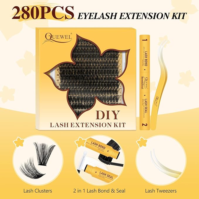 QUEWEL Lash Clusters Kit, 320Pcs 100D Lash Cluster Eyelash Extensions Mix 12-18mm 3D Eyelash Clusters with Lash Bond and Seal and Lashes Tweezers Easily Create 3D Lashes Clusters at Home(100D Kit)