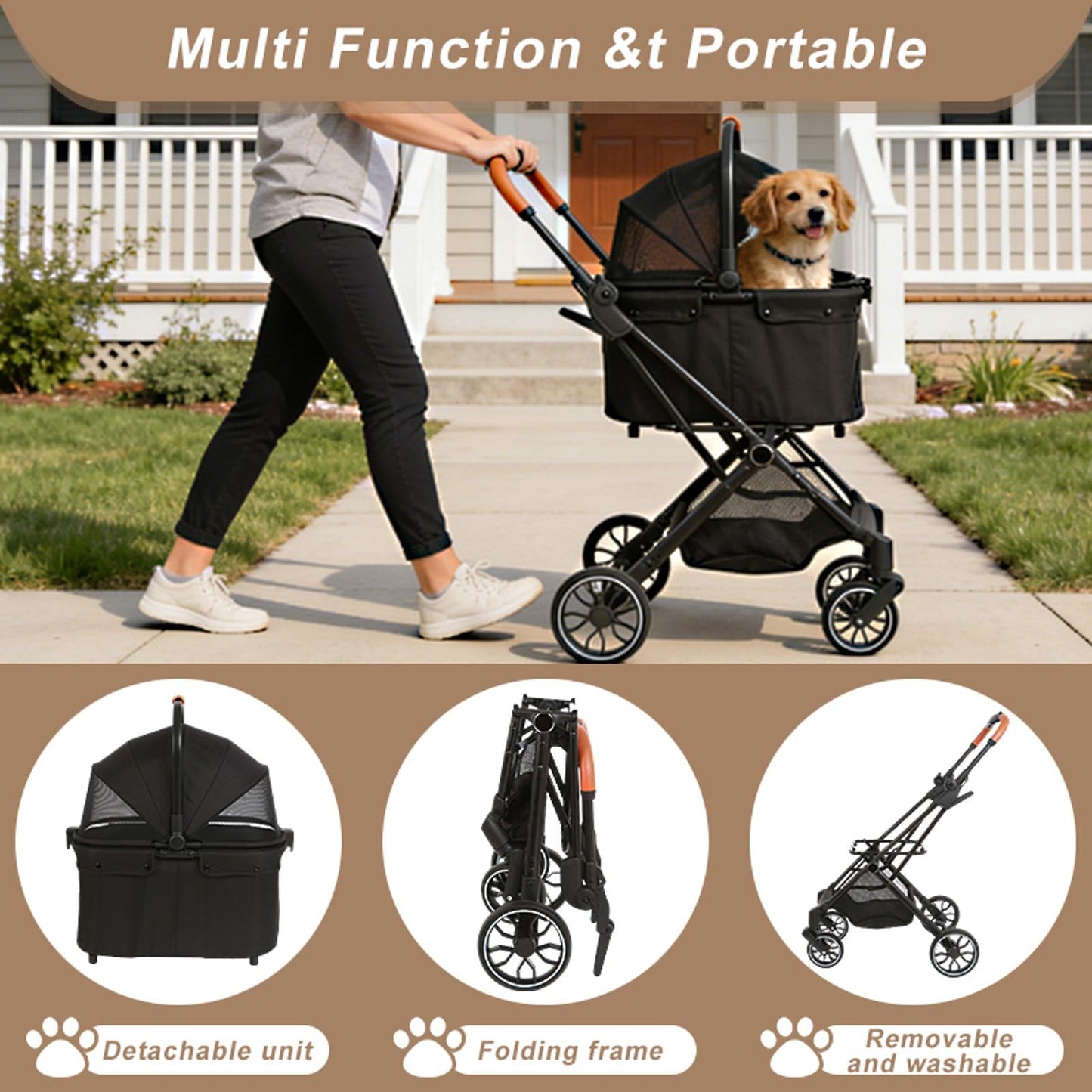 Pet Stroller for Small Dogs and Cats, Detachable Dog Cat Stroller with All-Terrain Shock Absorbing Wheels, One-Click Foldable Design, Adjustable Canopy (Green)