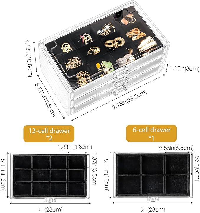 ProCase Earring Holder Organizer Jewelry Box with 3 Drawers, Acrylic Clear Earring Case with Adjustable Velvet Trays for Women - Black, 3 Layers