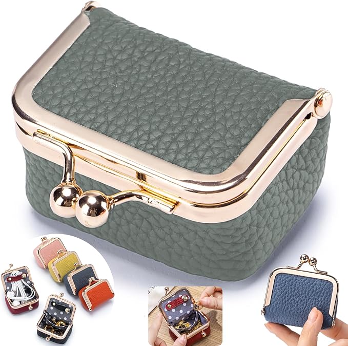 Genuine Leather mini Jewelry box, Portable Travel Jewelry case - Vintage mini Organizer with Kiss Lock for Rings, Earrings, Necklace, Bracelet | Gift for Women (Almond Green S 2.56in)