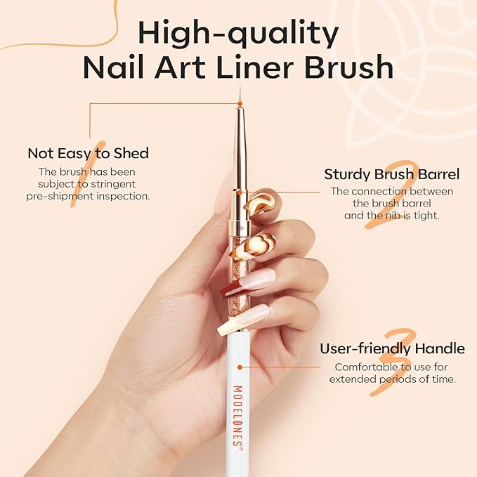 modelones Nail Art Brushes, Super Fine Liner Nail Brush Kit Dual-ended 7/11/15/20mm for Gel Polish Thin Lines, Precise Details, Fine Drawing Painting Design Acrylic Rhinestone Handle Salon & DIY Use
