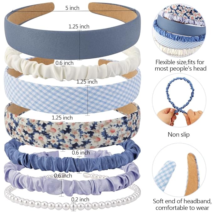 AHONEY 7 Pack Headbands for Girls Women Headbands Trendy Non Slip Hairbands Cute Hair Accessories Multi-style Preppy Headband Pack Diademas Para Mujer (Blue)