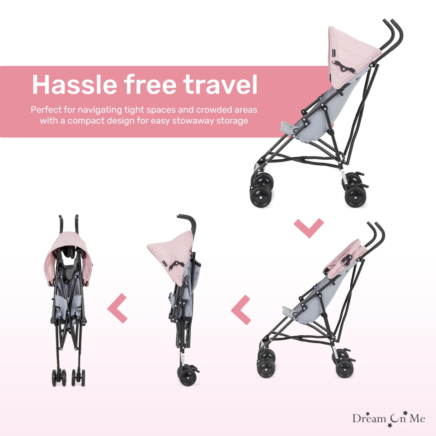 Dream On Me Aero Travel Umbrella Stroller, One-Hand Quick Fold, 3-Point Safety Harness, Dual Brakes, Adjustable Removable Canopy, Lightweight Compact & Space-Saving for Infants and Toddlers – Pink
