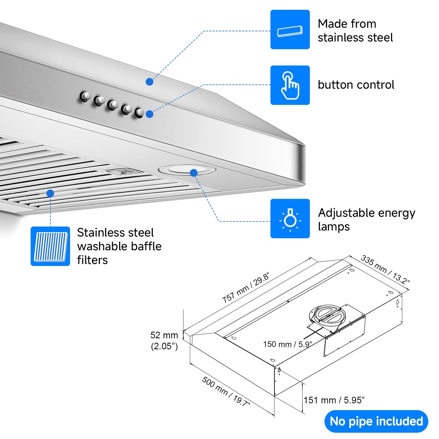 AMZCHEF Under Cabinet Range Hood 30 Inch, 750CFM Stainless Steel Kitchen Stove Vent Hood 3 Speed Exhaust Fan Button Control LED lights Dishwasher-Safe Baffle Filters Three Outlet Design