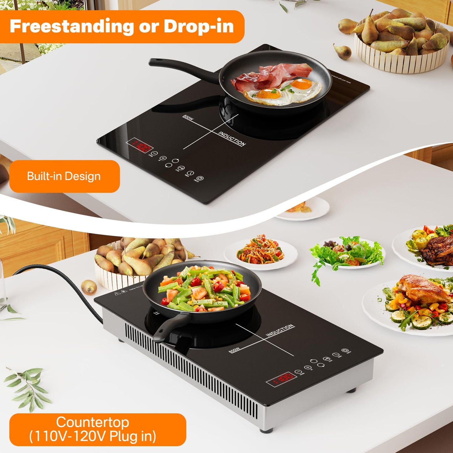 2 Burner Induction Cooktop Built in/Countertop, 110V~120V 1900W Double Induction Cooktop for RV, Camping with Plug, Timer, Child Lock (Black）