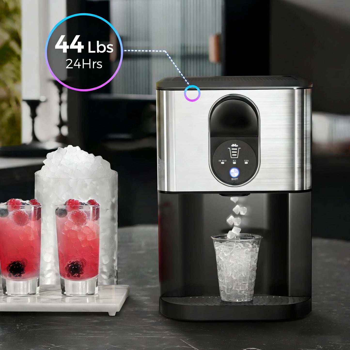 Kismile Countertop Nugget Ice Maker, 44lbs/24H Soft Chewable Pebble Ice Machine with Self-Cleaning and One-Click Operation, Compact Pellet Ice Maker for Home & Kitchen (Silver)