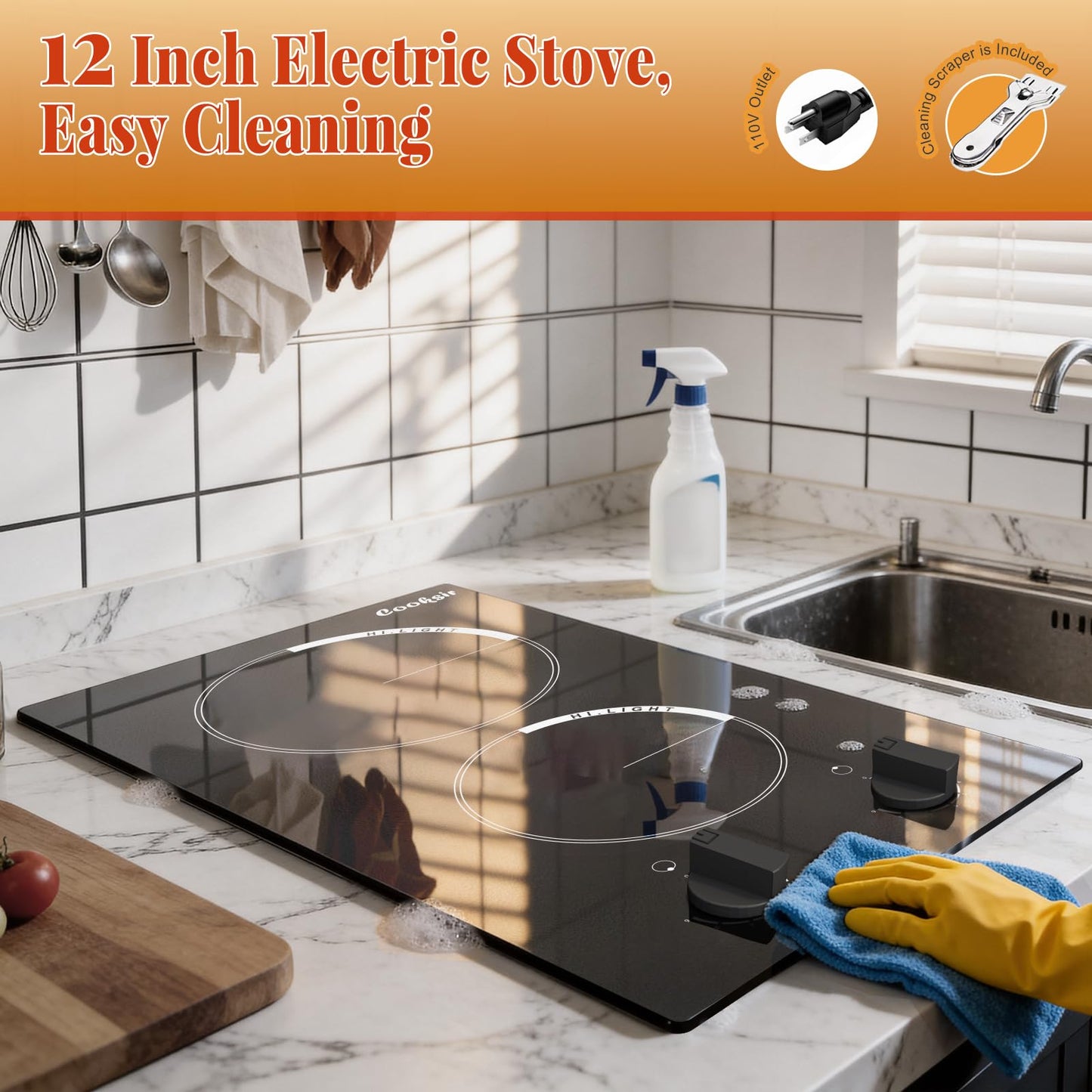 Cooksir 2 Burner Electric Cooktop - 110v Countertop and Built-in Electric Stove 2000W, 12 Inch Ceramic Stove with Residual Heat Indicator, Over-Temperature Protection, Knob Control, 110-120V Plug in