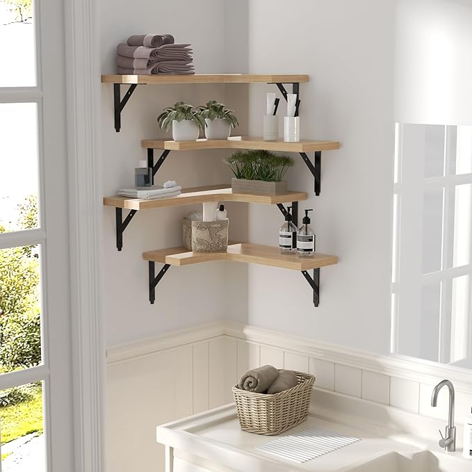 ROMGUAR CRAFT Corner Floating Shelves Wall Mounted Set of 4, Rustic Wood Storage Display Shelves for Home Decor, Bathroom, Kitchen, Bedroom, Living Room, Office (Natural)