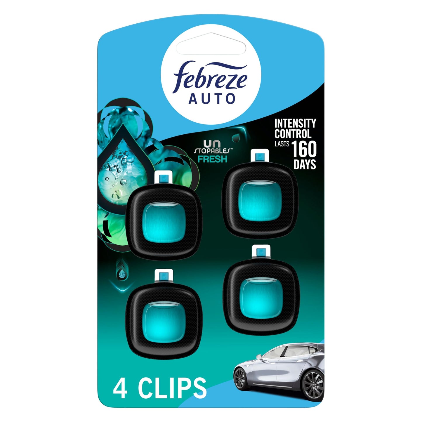 Febreze Car Air Freshener, Odor-Fighting Automotive Vent Clip, Scented Car Accessories, Long Lasting for Strong Odors, Unstopables Fresh Scent, .07 fl oz, 4 Count