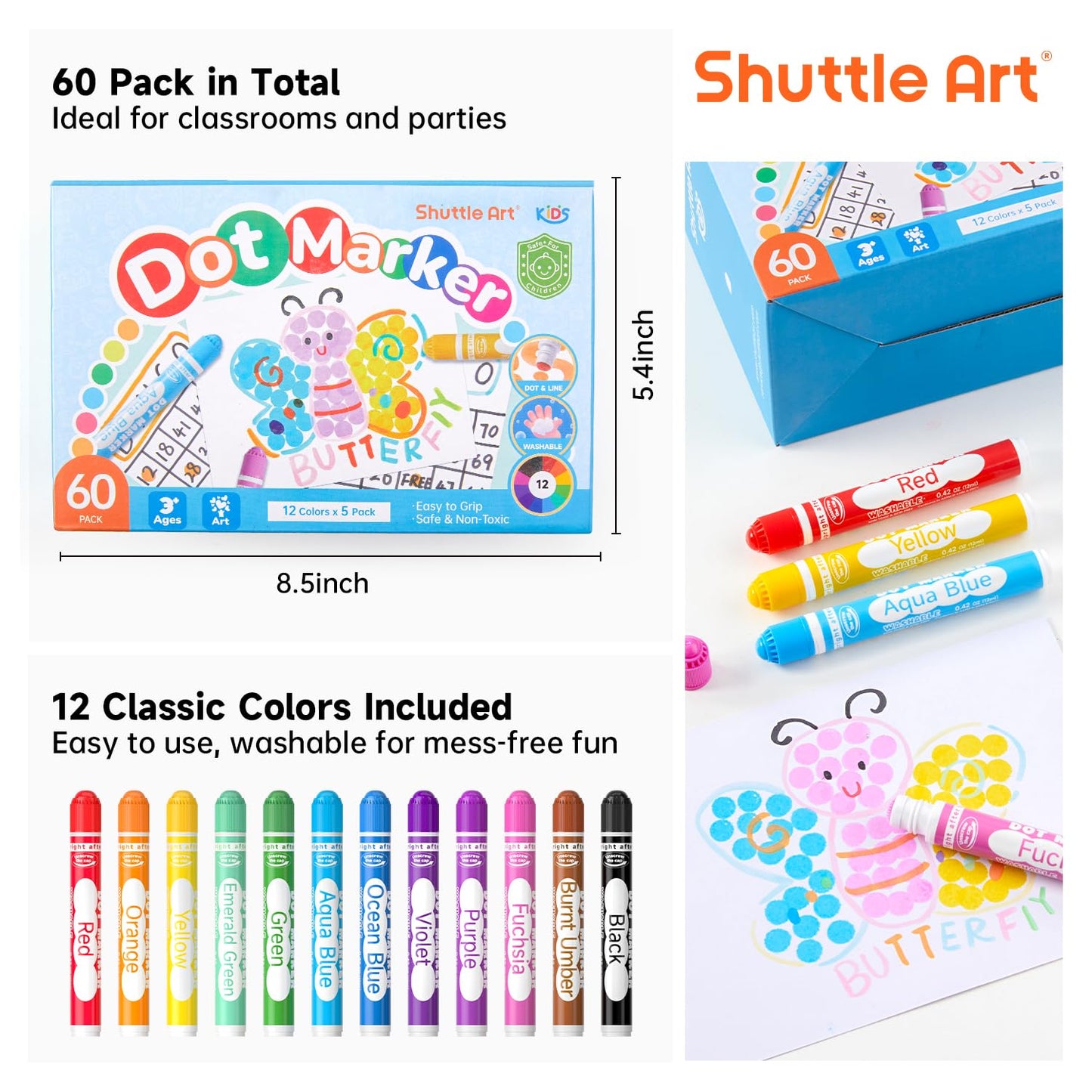 Shuttle Art 60 Pack Dot Markers, 12 Colors x 5 Sets Washable Bingo Daubers, Fun Art Supplies for Kids and Preschoolers, Non Toxic Water-Based
