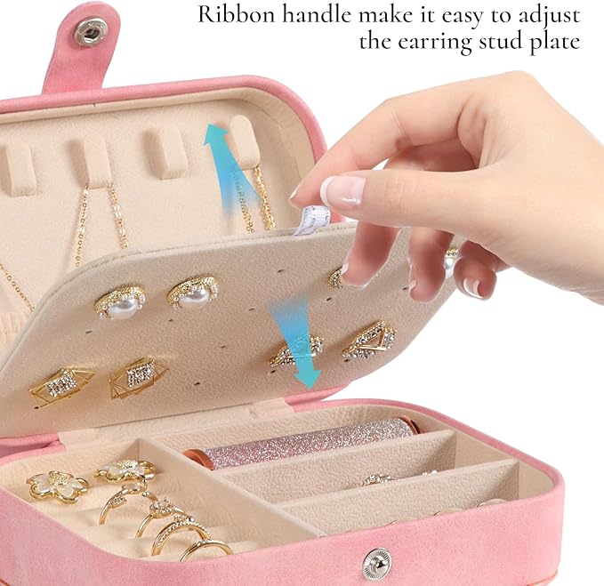 Hatori Travel Jewelry Box, PU Leather Small Jewelry Organizer for Women Girls, Portable Mini Travel Case Display Storage Holder Boxes for Stud Earrings, Rings, Necklaces, Bracelets (Pink Beige)