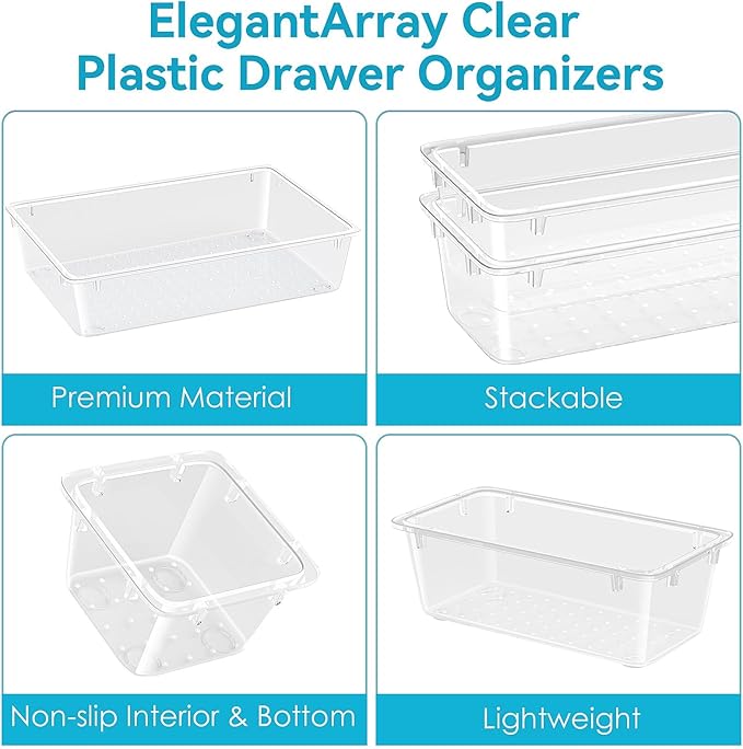 12 PCS Drawer Organizer Set, 4 Sizes Tool Storage Trays, Clear Plastic Makeup Vanity Organizer and Storage Bins for Makeup, Stationeries, Multiple Gadgets for Bathroom, Office, Bedroom