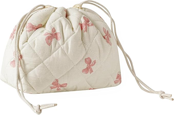 uekeboag Cotton Quilted Drawstring Makeup Bag with Canvas Lining,Coquette Aesthetic Cute Travel Toiletry Bag,Drawstring Gift Bag for Women and Girls（09Little Pink Bow）