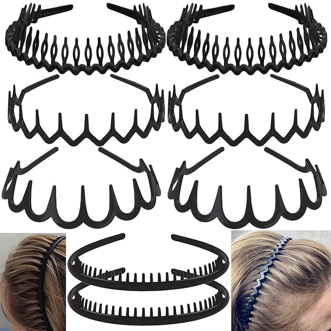 ULTIMUTE 8 PCS Fashion No Slip Effortless Plastic Headbands with Teeth Comb Black Skinny Hair Accessories Bands for Women Men Teen Girls, Matte Black