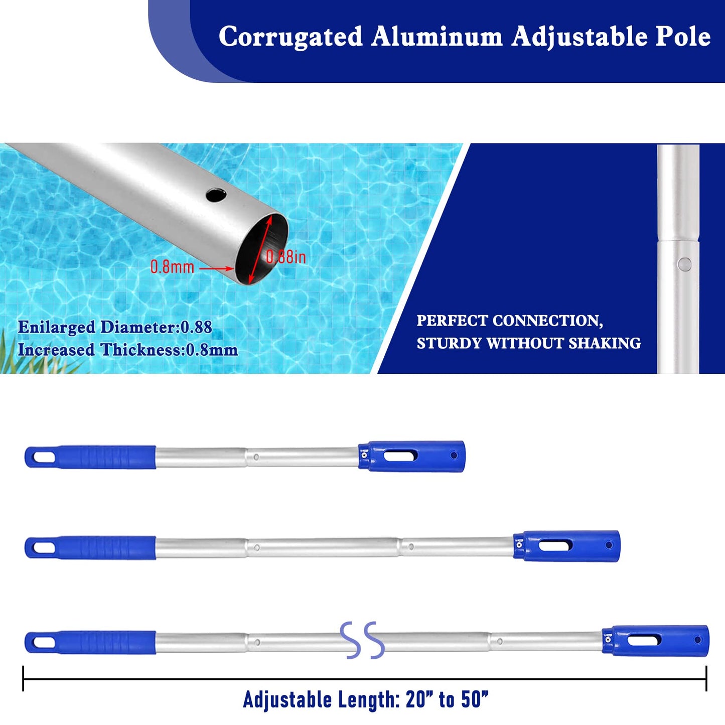 Poolvio Swimming Pool Cleaning Kit, 14'' Brush Head & 50'' Telescopic Aluminum Pole with Fine Mesh Skimmer Net - Perfect for Above Ground Pools, Spas, Hot Tub Fountains Blue (PK0140)