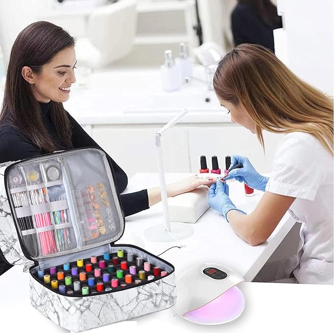 Nail Polish Organizer Case - Holds 42+ Bottles (15ml/0.5 fl.oz) and 1 Nail Lamp, Upgraded Double-layer Nail Polish Carrying Case Nail Storage Bag with Handles (White)