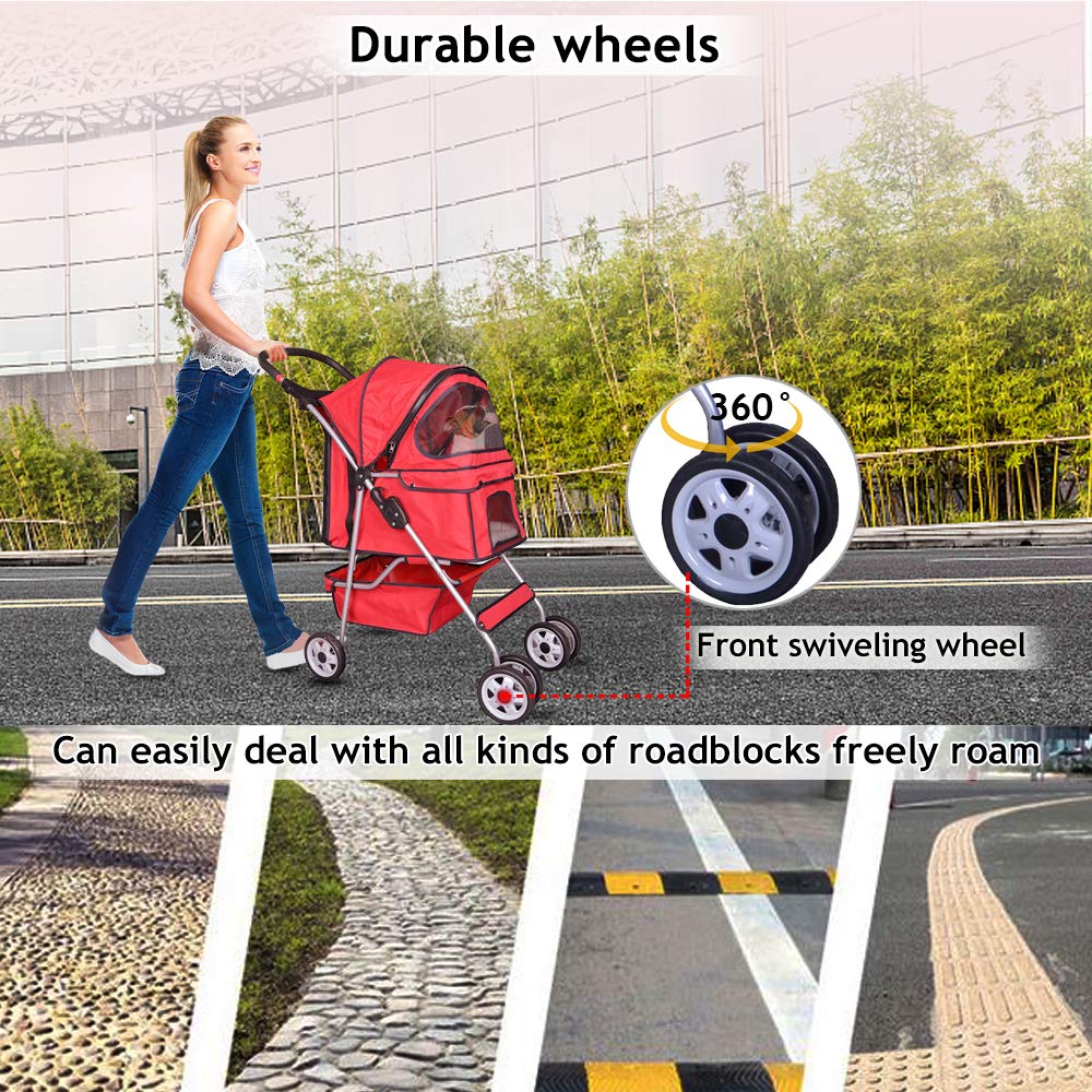 4 Wheels Pet Stroller Cat Dog Cage Stroller Travel Folding Carrier with Cup Holders and Removable Liner for Small-Medium Dog, Cat (Red)