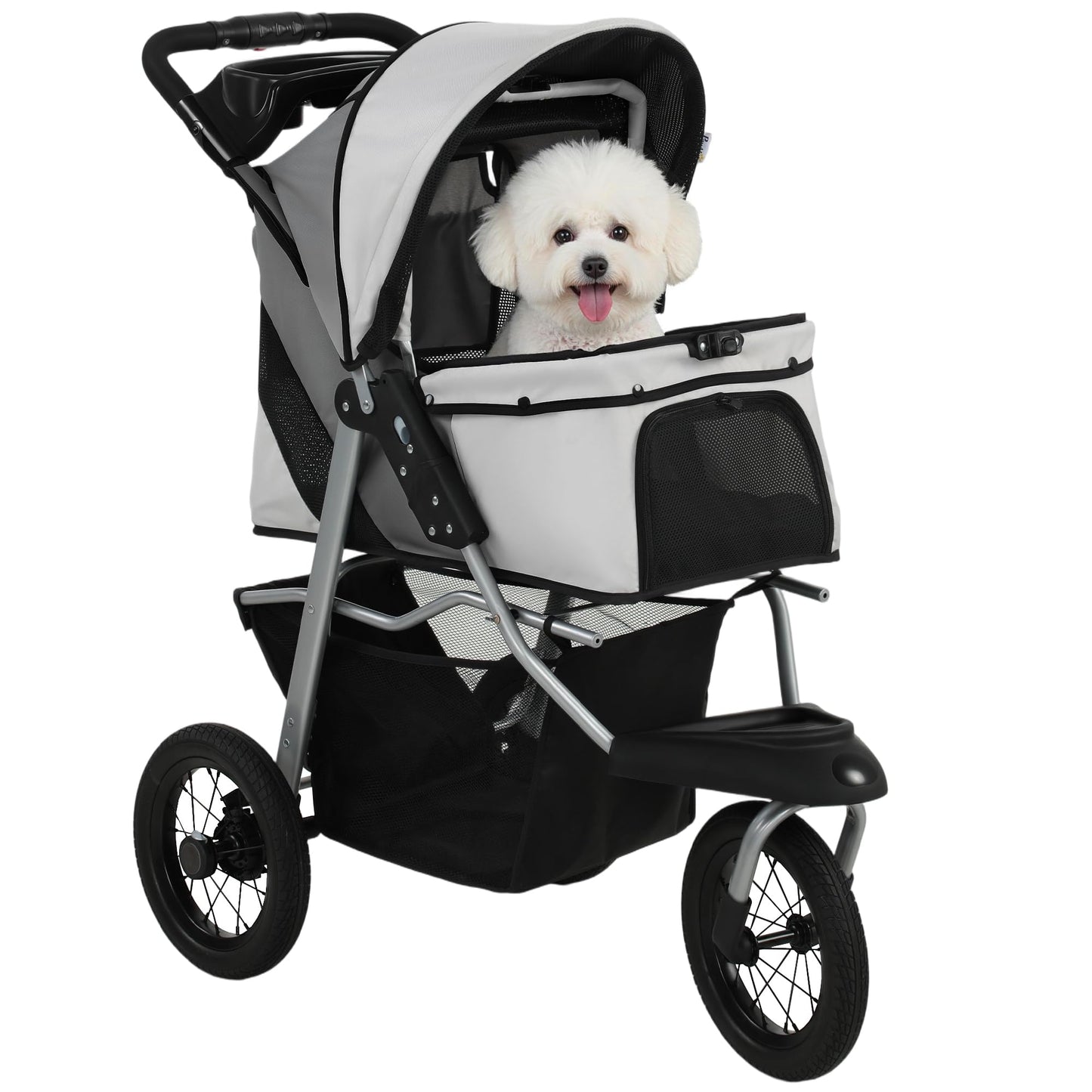 PawHut Dog Stroller for Small Dogs, 3 Wheel Foldable Pet Stroller with 12" Rubber Wheels, Mesh Window, One-Foot Brake, Storage Basket and Cup Holder, Up to 22 LBS, Light Gray