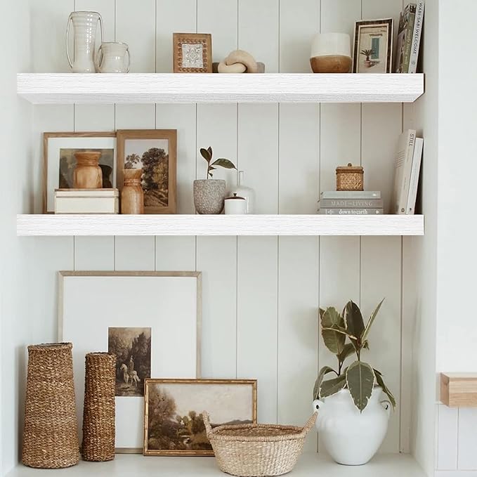 QEEIG Floating Shelves for Wall 35.4" Long - Wall Mounted Shelf Bathroom Kitchen Living Room Bedroom Farmhouse Home Decor Display Bookshelf Large 35.4 x 9.3 inch Set of 2, White (008-90W)