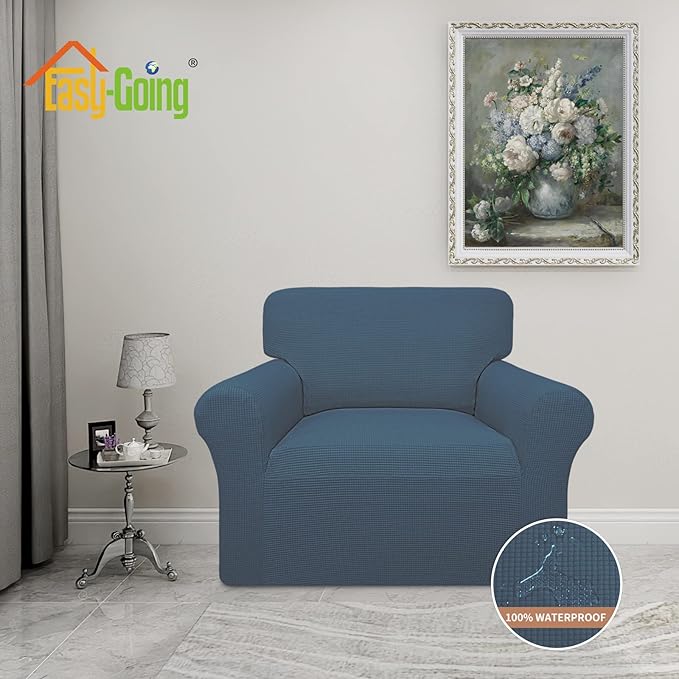 Easy-Going 100% Waterproof Oversized Chair Couch Cover, Dual Waterproof Sofa Cover, Stretch Jacquard Sofa Slipcover, Leakproof Furniture Protector for Kids, Pets, Dog and Cat, Bluestone