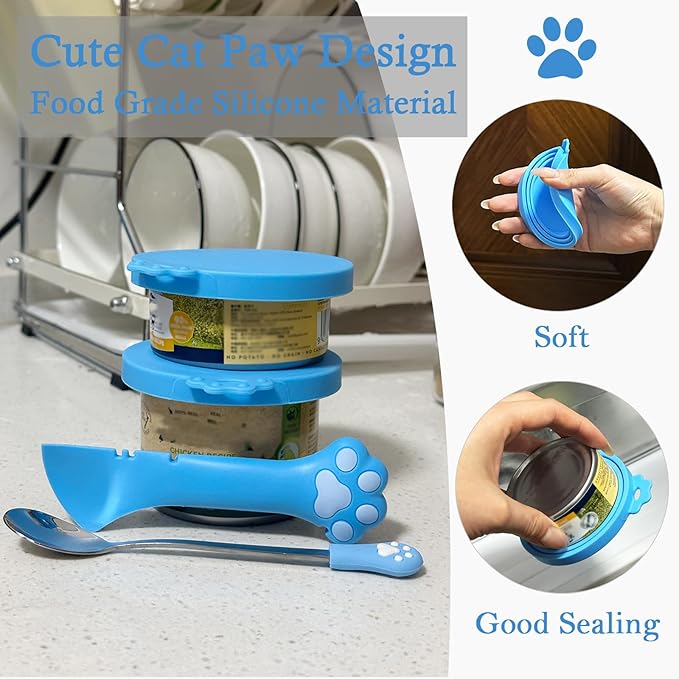 SJANE Cat Food Can Spoons & Can Lids | 4 Pcs | Colorful Multi-Function Cute Paw Shape Opener | Universal Silicone Pet Food Covers | Stainless Steel Wet Food Spatula for Kittens and Dogs(Blue)