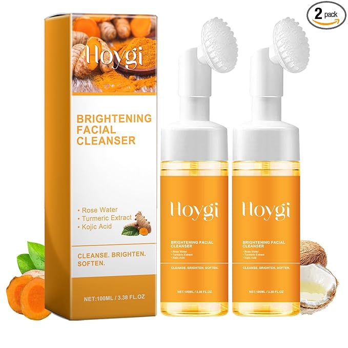 HOYGI Turmeric Face Wash with Brush, Turmeric Foaming Facial Cleanser for All Skin Types, 3.38 Fl Oz/pcs, 2 Pack