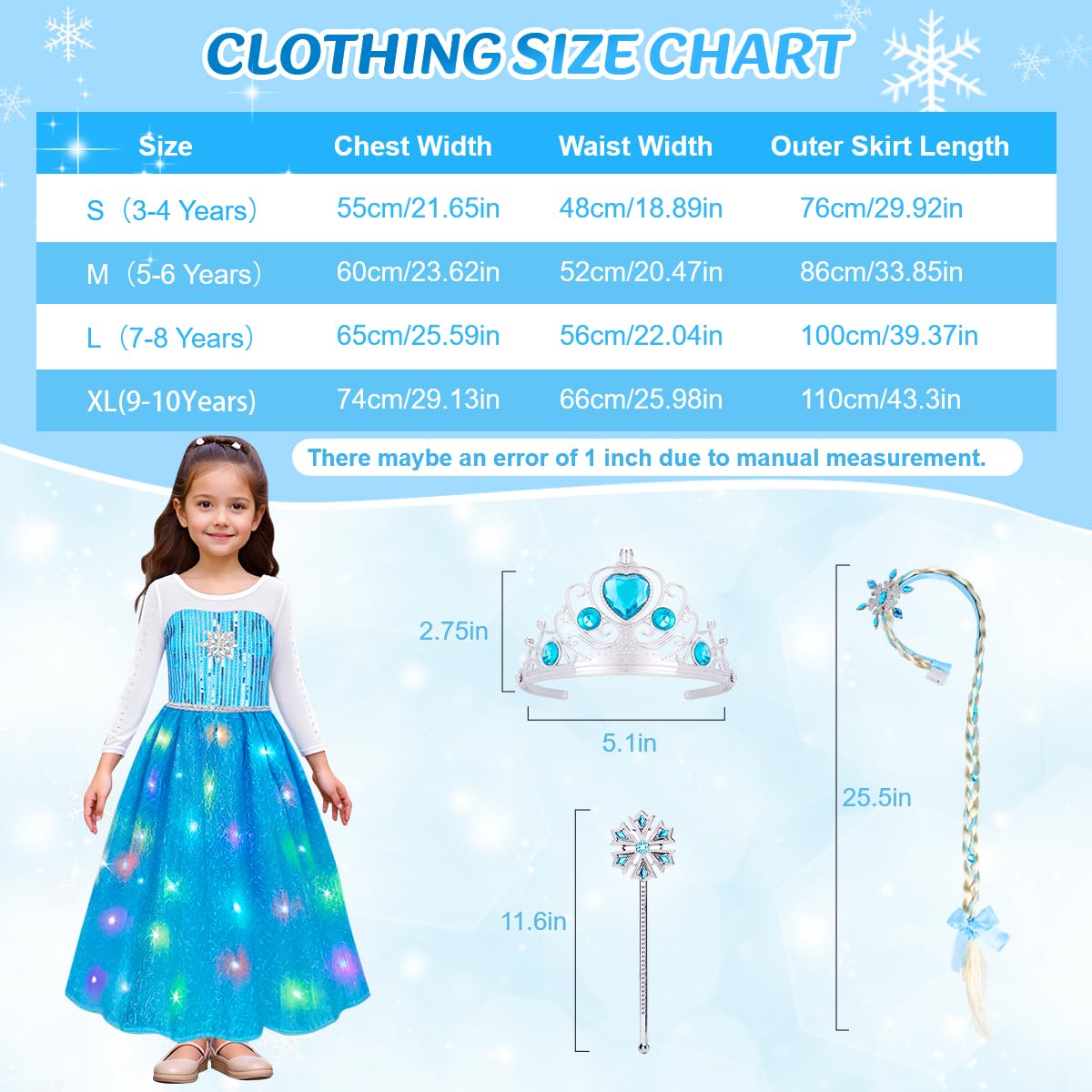 Meland Princess Dress Up for Girls – Light Up Halloween Costume for Girls Age 3-10, Princess Toys for Christmas Birthday Gift(M,5-6 Years)