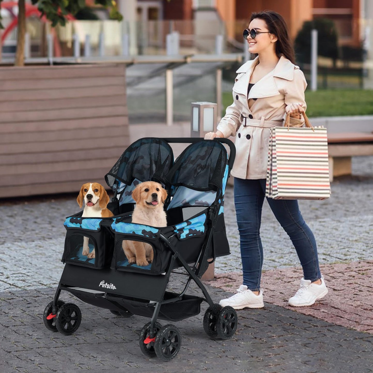 PETSITE Double Pet Stroller, Foldable Double Dog Stroller with 2-Seater Carrier, Adjustable Sunshade, Removable Pad, Safety Belt, Storage Basket, 4-Wheel Pet Travel Cart for 2 Puppies & Cats (Navy)