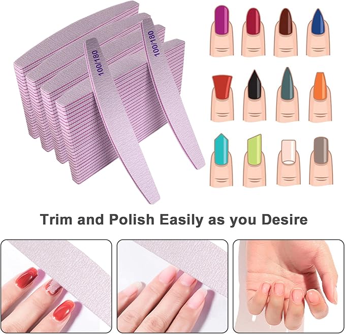 Nail Files (100 Pcs), 100/180 Grit Nail File Emery Board Bulk for Acrylic Nails and Natural Nails, Limas para Unas Acrilicas Profesional Pack Filers for Gel Nail Double Sided Manicure Curved Gray