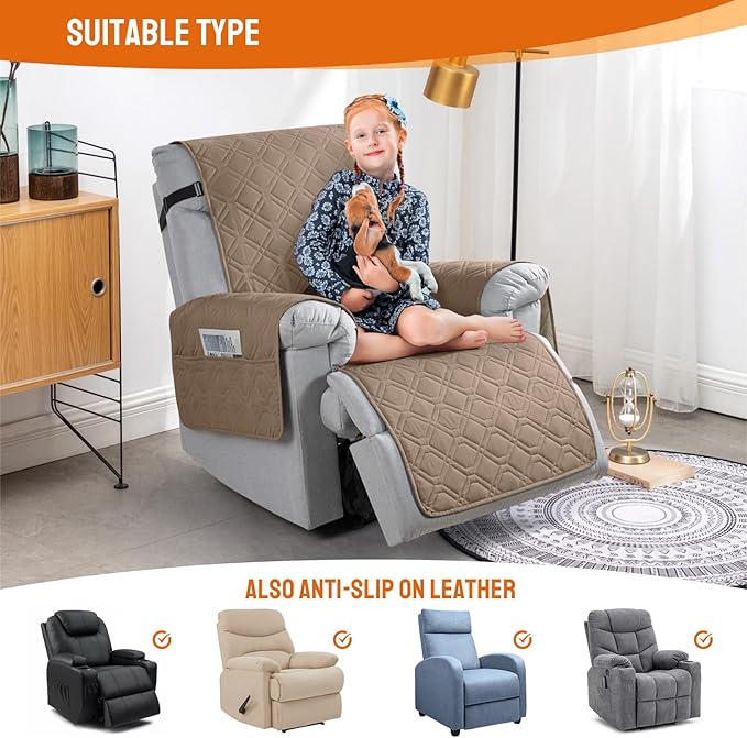 VANSOFY 100% Waterproof Recliner Chair Covers, Recliner Cover Non-Slip Dog Chair Cover Furniture Protector Washable Slipcover with Pocket, Elastic Straps for Pets, Dogs(Light Brown, 20")