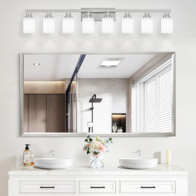 DIKAIDA 8-Light Bathroom Light Fixtures, 52inch Nickel Vanity Light with Milky White Glass Shade, Modern Bathroom Wall Lights Over Mirror, Farmhouse Wall Sconces Lighting for Bedroom Living Room
