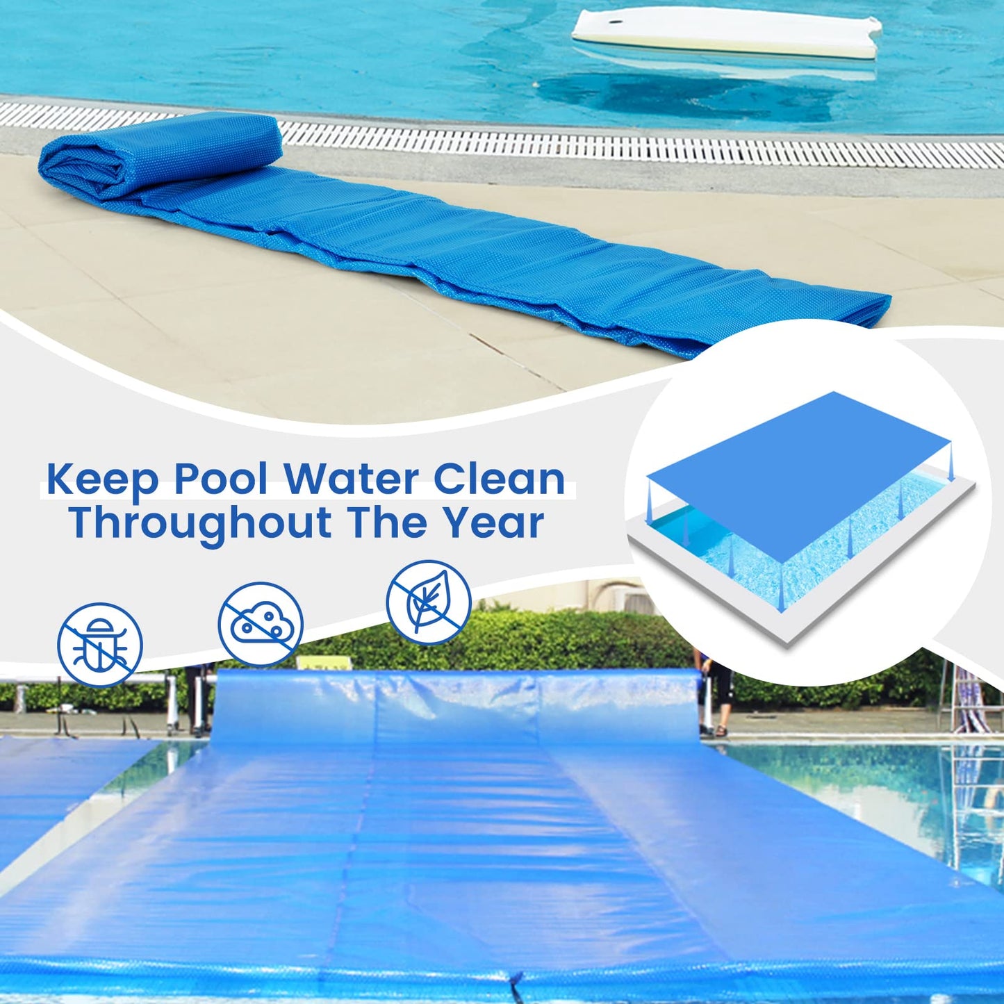 Goplus Pool Cover, 18 x 36 FT Solar Blanket 12 Mil with Carrying Bag for In-Ground and Above-Ground Swimming Pools, Rectangle Hot Tub SPA Thermal Blanket, Blue Bubble