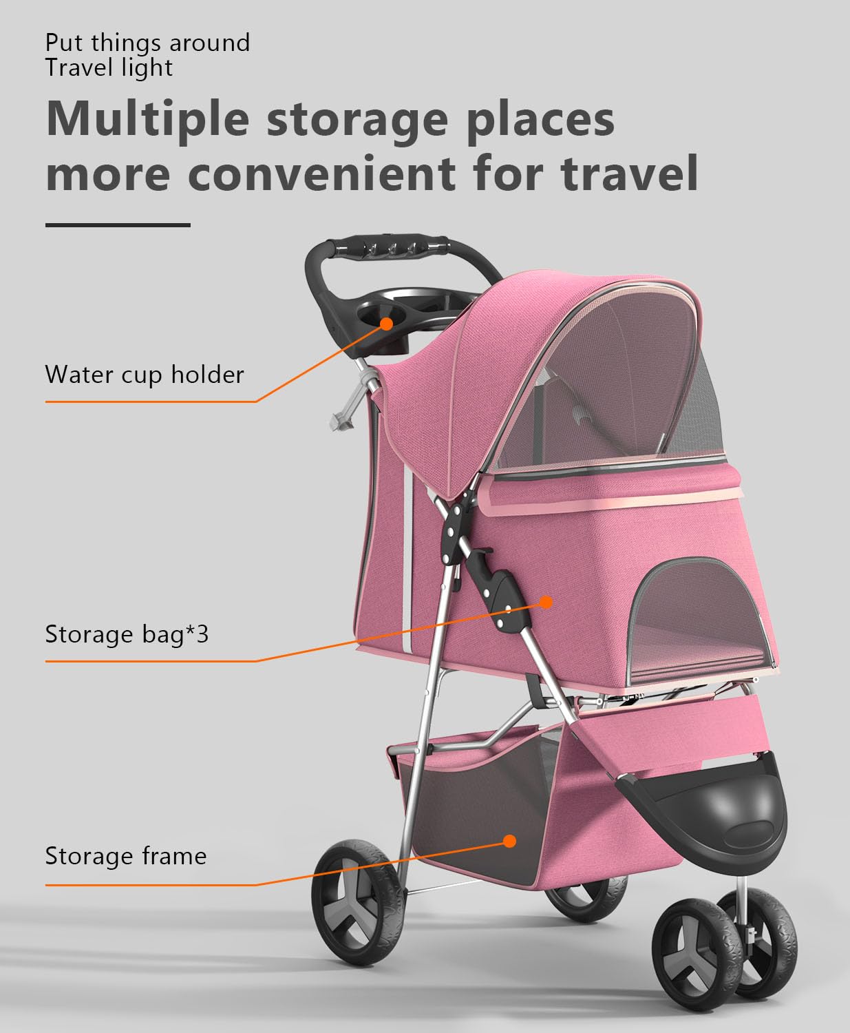 OS MOTOR Pet Stroller with 3 Wheels for Small/Medium Pets, Portable Travel Foldable Carrier Jogger for Dog Cat Puppy Kitty, Rear Wheel Breaks, Storage Basket, Visible Mesh with Weather Cover (Pink)