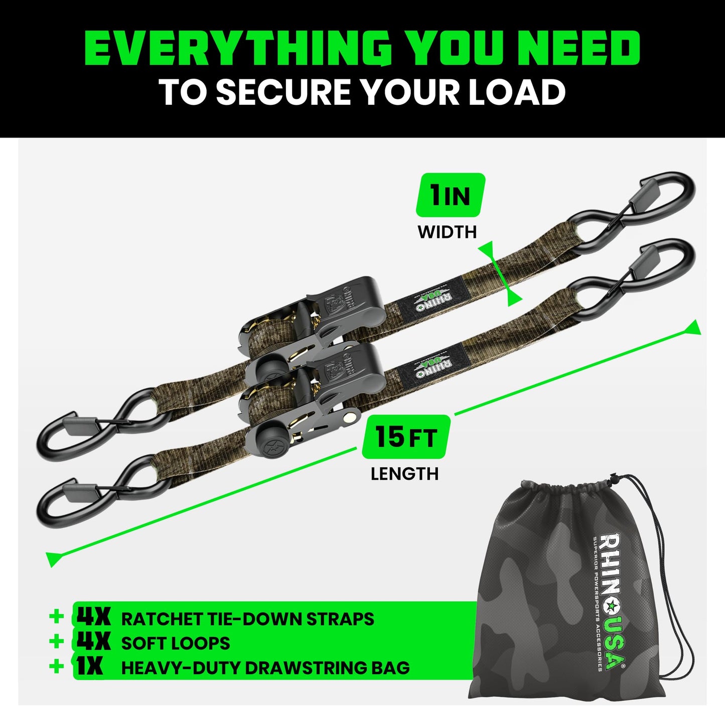 Rhino USA x Realtree Ratchet Straps Tie Downs (4PK) - 1" x15' (1,823lb Break Strength) - Ultimate Tie Down Straps with Safety S Hooks - for Trucks, Cargo, Moving, Appliances- Realtree APX Camo