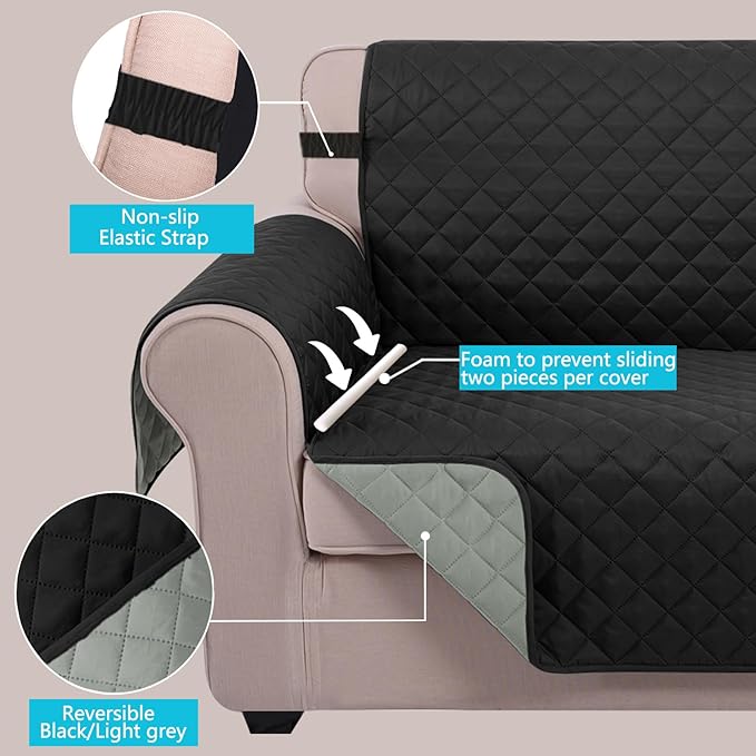 U-NICE HOME Reversible Sofa Cover Couch Cover for Dogs with Elastic Straps Water Resistant Furniture Protector for Pets Couch Cover for 3 Cushion Couch (Sofa, Black/Grey)