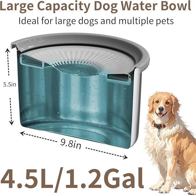 4.5L Dog Water Bowl No Spill 1.2 Gallon Stainless Steel Water Bowl for Dogs 150oz No Mess Slow Water Feeder with Anti-Slip Mat for Messy Drinkers
