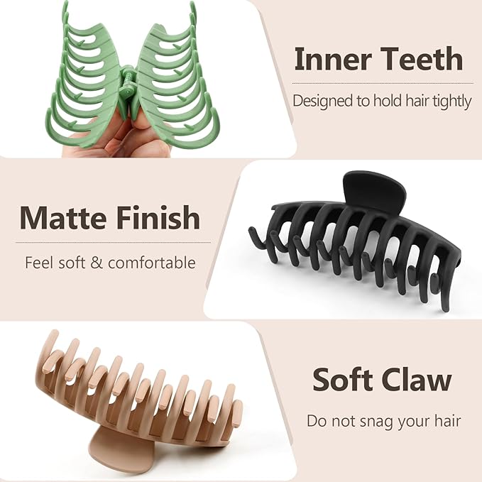 TOCESS 8 Pack Big Hair Claw Clips for Women Large Claw Clip for Thin Thick Curly Hair 90's Strong Hold 4.33 Inch Nonslip Matte Jumbo Hair Clips (8 Pcs)