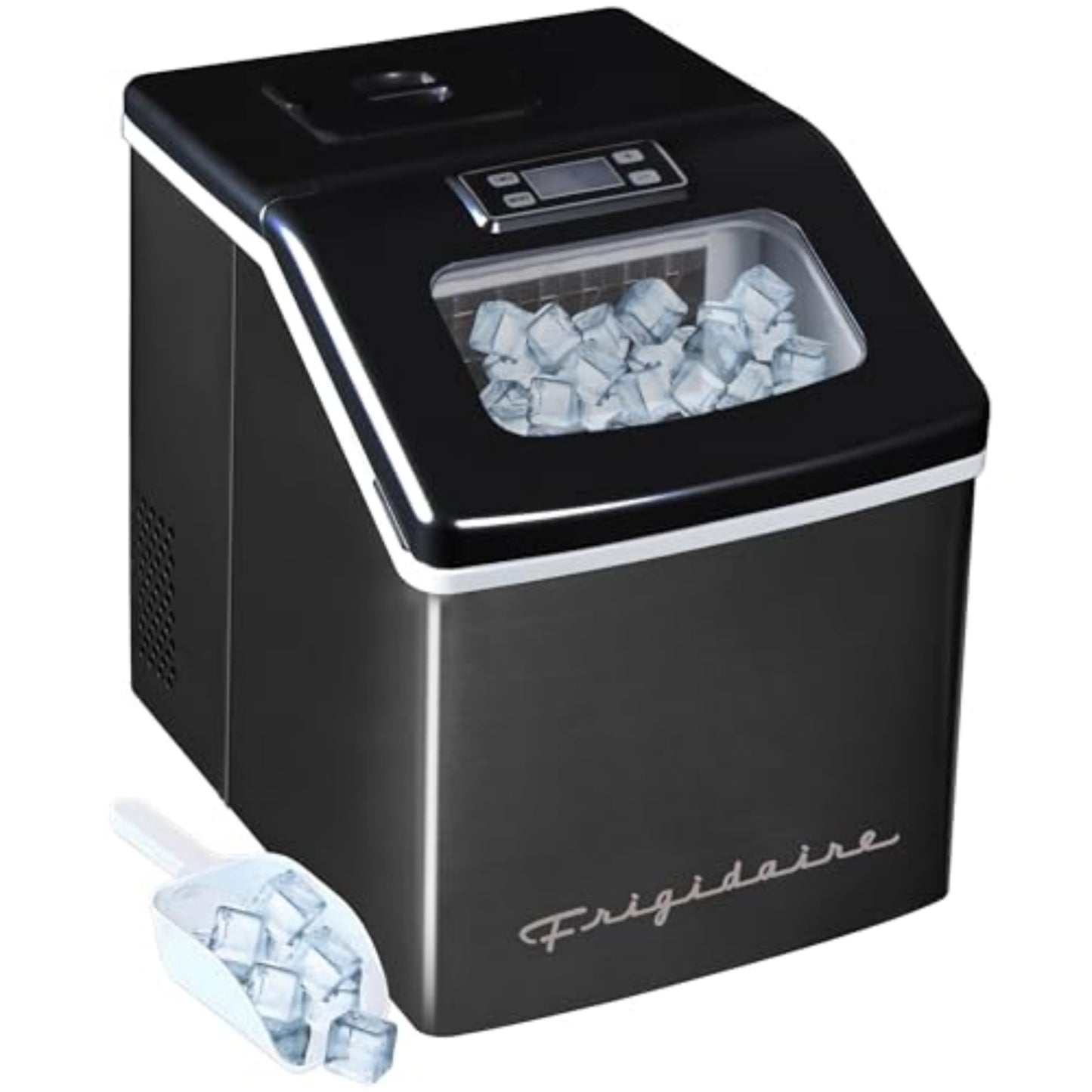 Frigidaire Ice Maker EFIC452, Countertop Stainless Steel Ice Maker with Transparent Window, Clear Ice Cube Maker with 40 lbs. Capacity, Ice Maker Machine – 14.8" D x 11" W x 14.1" H (Black)