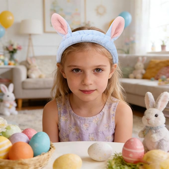 YISSION Cute Bunny Ear Spa Headband for Women and Girls - Soft Plush Makeup Headband for Face Washing, Skincare, Shower, Easter Party Favors (2 Pack, Pink & Blue)