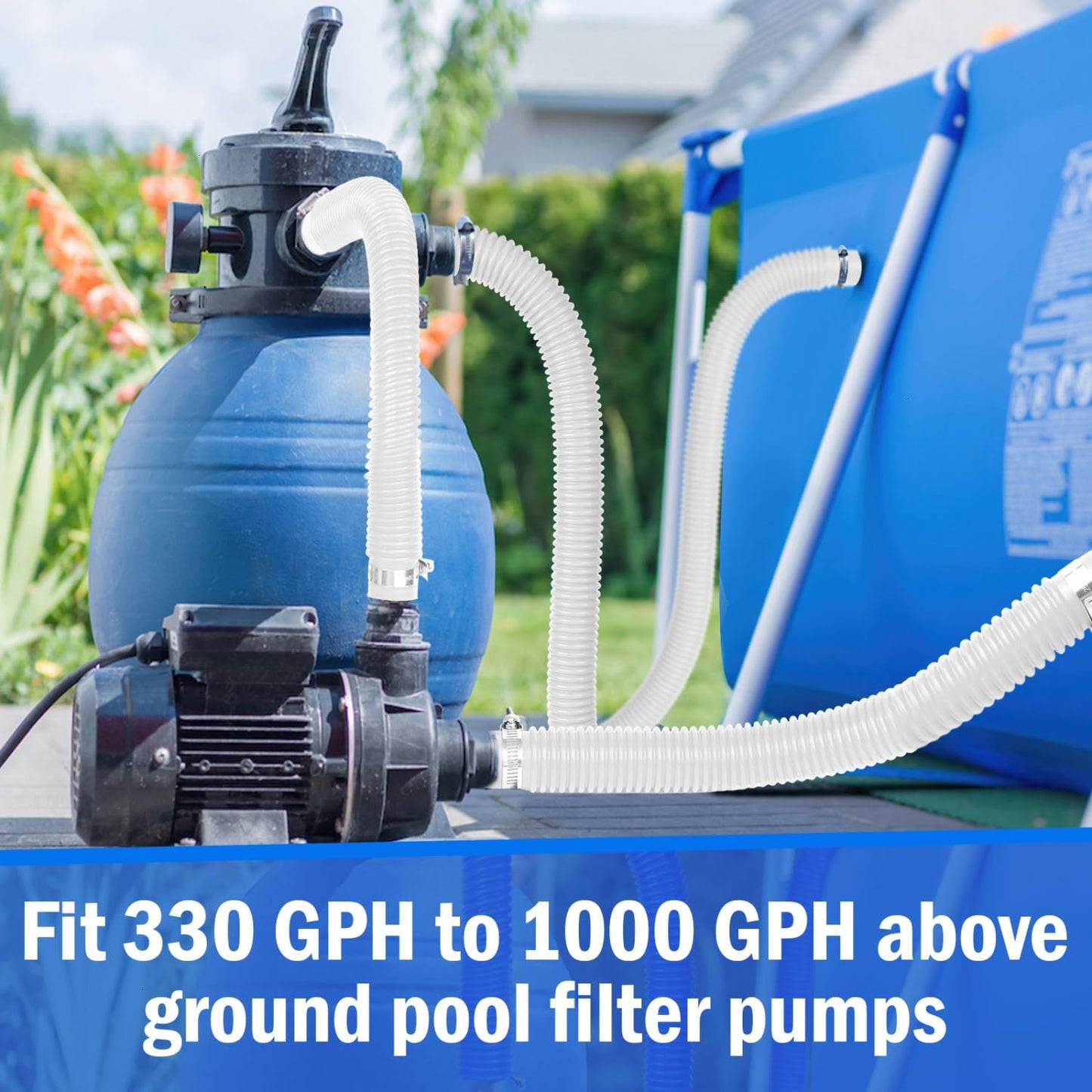 Gonioa Pool Pump Replacement Hose for Above Ground Pools, 4 Pack 1.25 x 59 Inch Filter Pump Hose, Compatible with Intex Filter Pump 607, 637, 330GPH, 530GPH, 1,000GPH, Includes 8 Metal Clamps, White
