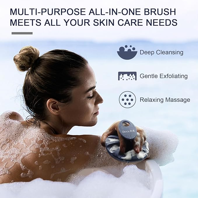BEAUTAIL Silicone Body Scrubber Shower Bath Wash Brush Gentle Exfoliating Scrub Cleansing Loofah for Women Men Baby Sensitive Skin, Easy to Clean, Lather Nicely, More Hygienic, 1 Pack, Blue