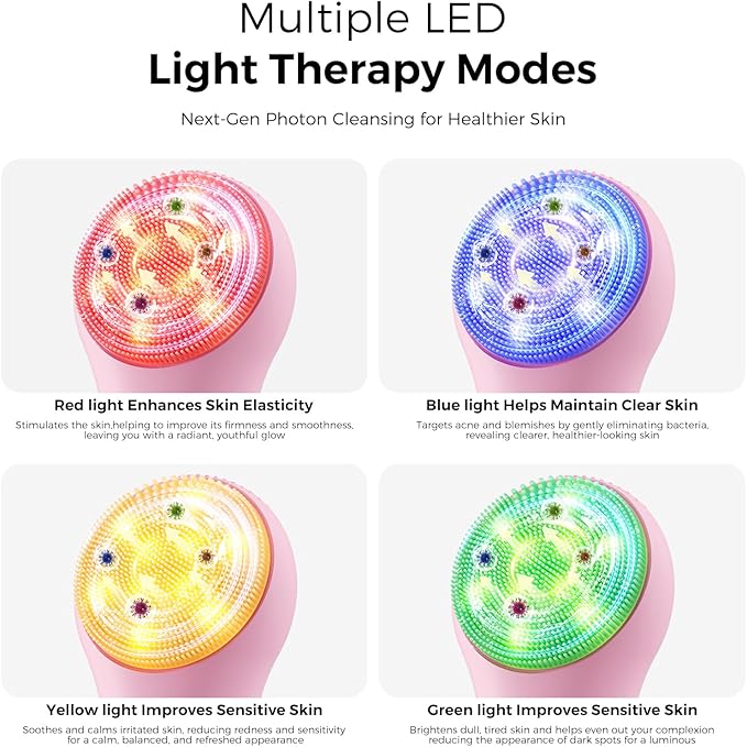 Face Scrubber Facial Cleansing Brush - Waterproof and Rechargeable Face Cleansing Brush with 4 LED Gentle Light, Cleansing, Exfoliating and Massaging, Electric Face Scrub Brush for Men & Women
