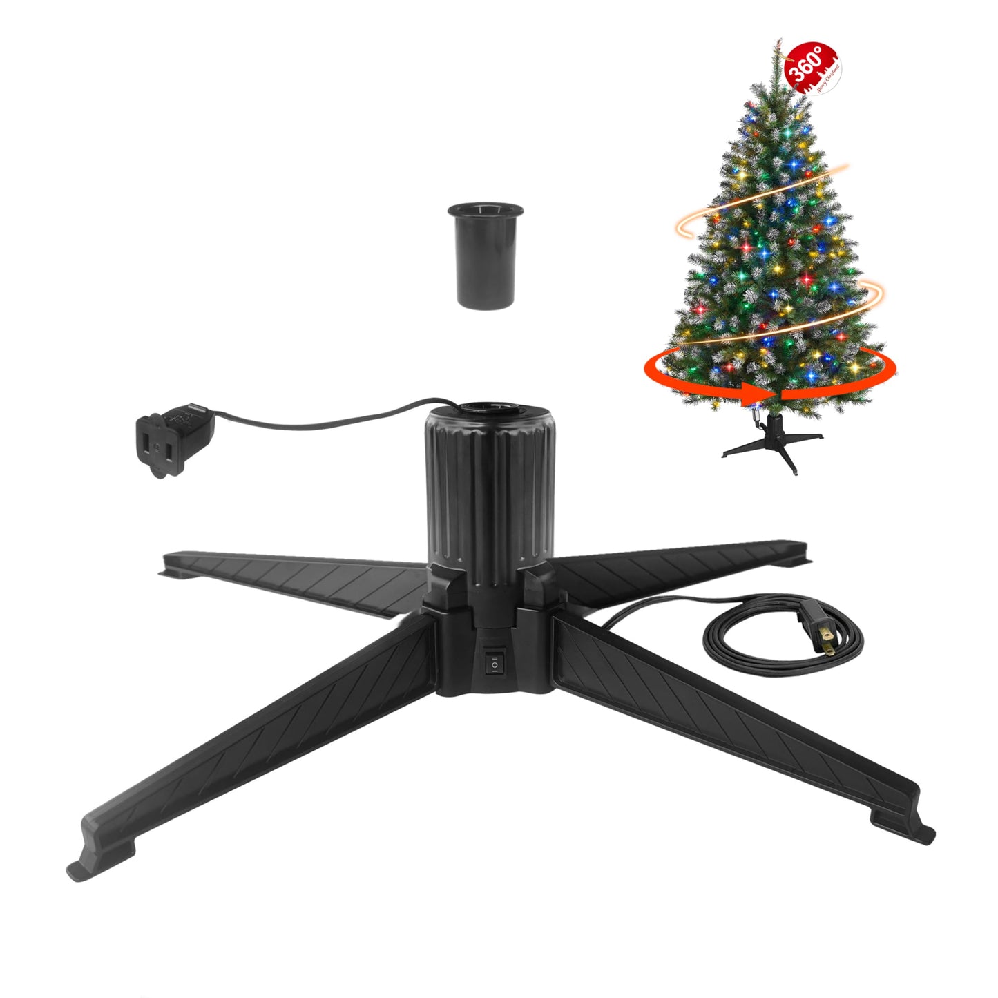 Stright 360 Degree Rotating Christmas Tree Stand, Revolving Artificial Tree Base for Tree Up to 7.5FT, Spinning Christmas Tree Stand with 2 Settings Trunk Diameter and One Built-in Electrical Outlet